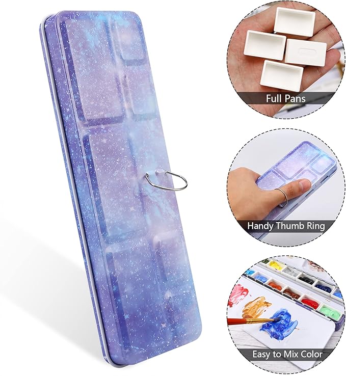 LOONENG Empty Watercolor Palette, Empty Watercolor Tin with Fold Out Palette, Medium Purple Watercolor Tray Palette with 14 Empty Full Pans for Plein Air Painting and Sketching