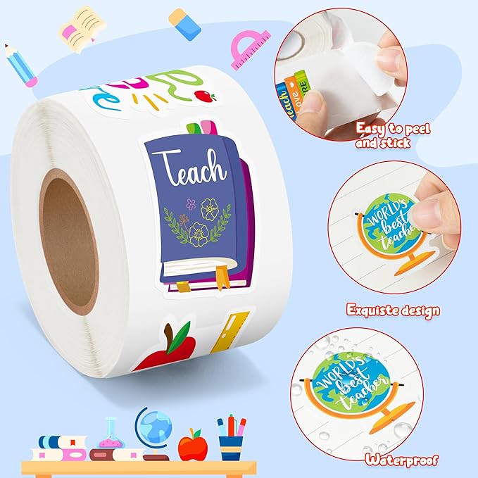 beyumi thank you teacher sticker - 1000pcs thank you teacher stickers in 2 rolls waterproof teach love inspire appreciation decals for gift laptop bottle notebook computer classroom decor kids student