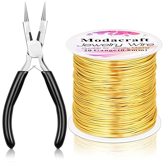 Modacraft 20 Gauge Gold Jewelry Wire & 4-in-1 Pliers Kit - 82FT Tarnish Resistant Copper Craft Wire (0.8mm) for Wire Wrapping, DIY Jewelry Making, Christmas Ornaments & Holiday Decorations