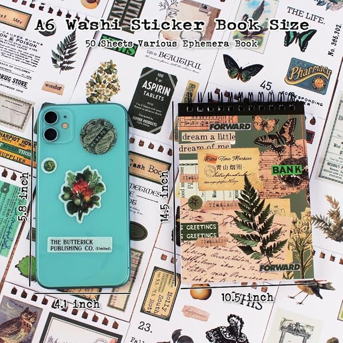 488PCS Vintage Scrapbook Stickers, 50 Sheets Precut Washi Stickers Book for Journaling, Green Ephemera for Junk Journal Supplies, Scrapbooking, Bujo, Collage, Adults Crafts Arts