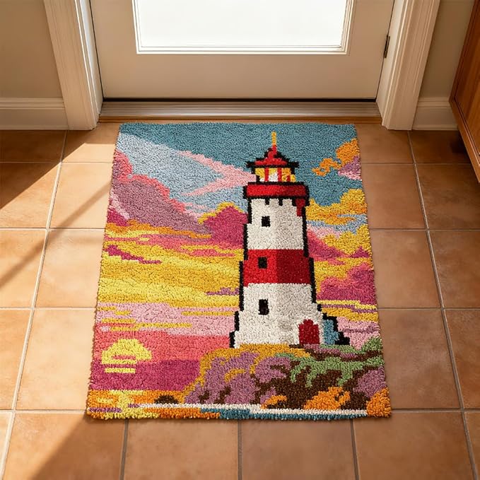 ORIGACH Lighthouse Latch Hook Rug Kit for Adults Printed Rug Making Kit Handmade Carpet Tapestry Cover with Hook Latch and Preprinted Canvas, Home Arts Crafts Sofa Decor, 20.5x15inch