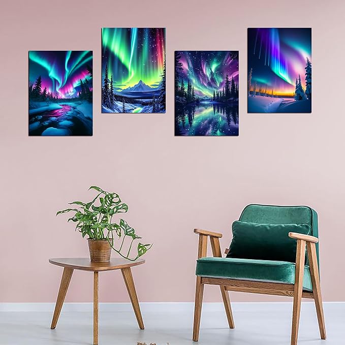 Muzagroo Art 5D Diamond Painting Kits for Adults, Aurora Diamond Art Kits for Beginners, DIY Landscape Diamond Dot Kits Gem Arts and Crafts for Living Room, Gem Painting Living Room 4 PCS Wall Art