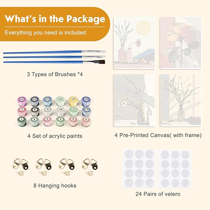 4 Pack Paint by Numbers Kit for Kids Beginner with Wooden Frame, Flowers in A Vase, Paint by Numbers Kit for Adults, Window Sill Sunlight Flower, DIY Painting Kits for Home Wall Decor 8x10 inch
