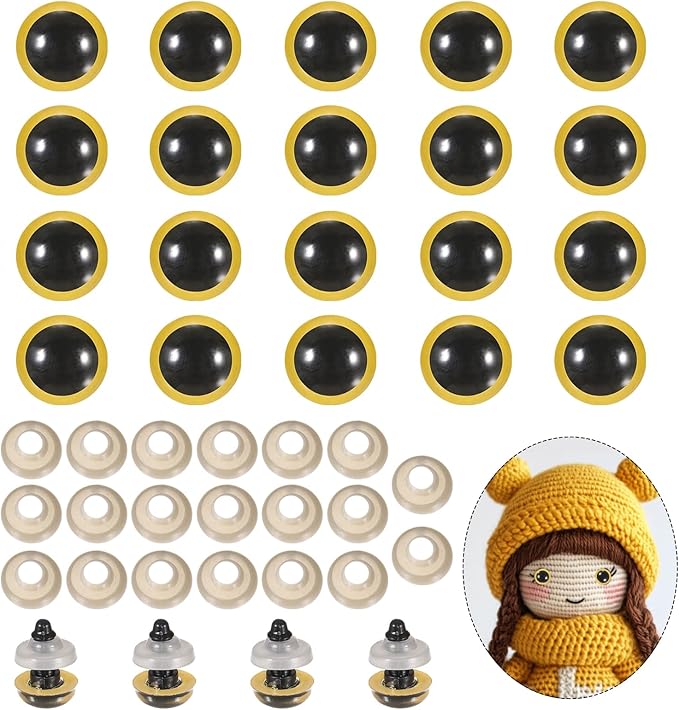 PATIKIL 12mm Safety Eyes, 20Pcs Realistic Doll Crocheting Safety Eyes with Washers for Decor Crochet Accessories Dolls Craft Halloween, Yellow