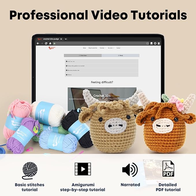 CrochetBox Crochet Kit for Beginner, 2 PCS Highland Cow Easy Learn How to Crochet Stuffed Animals Gift for Adults and Teen(), Knitting Set with Yarn Hook Stitch-by-Stitch Video Tutorial