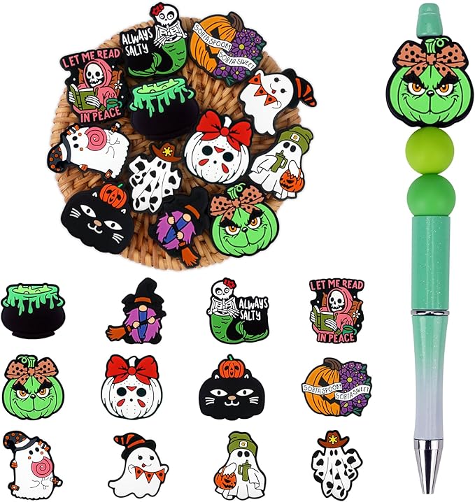 12pcs Halloween Silicone Focal Beads, Focal Beads for Pens，Keychain Making, Bracelet, Necklace Crafts, Bulk for DIY（Halloween）