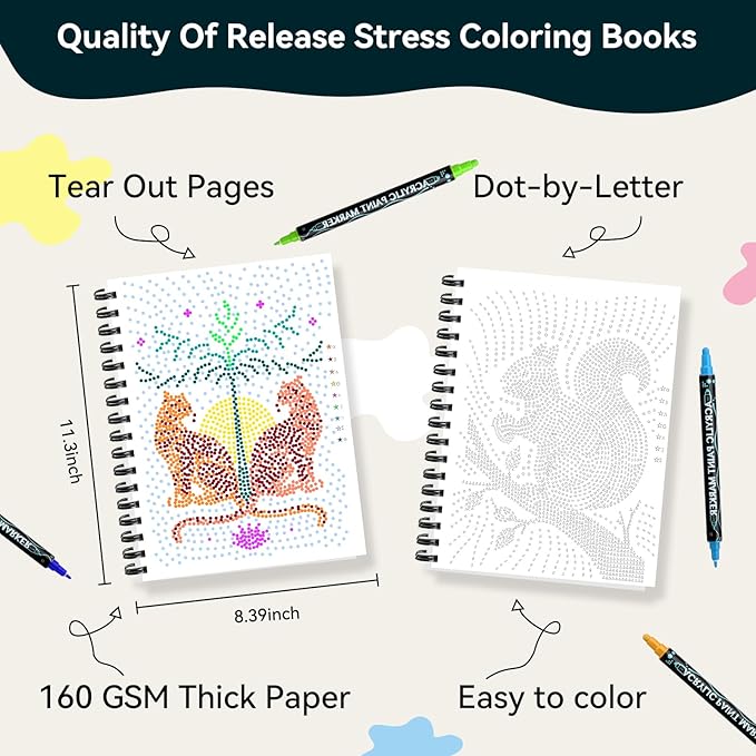 Coloring Book,Animal Dot Art Meditations with 12 PCS Acrylic Markers,Mindfulness Adult Coloring Book-Relaxing,Anti-Stress,30 Patterns Activity Coloring Books for Adults,Dot Art for Adults-Animal Plant