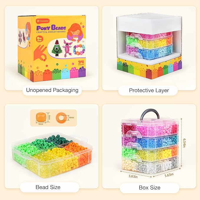 4800PCS Pony Beads Bulk, 24 Colors Kandi Beads 6x9mm Large Hole for Friendship Bracelets, Jewelry Making, Hair Braiding, DIY Art Craft - Shockproof Protective Gift Packaging