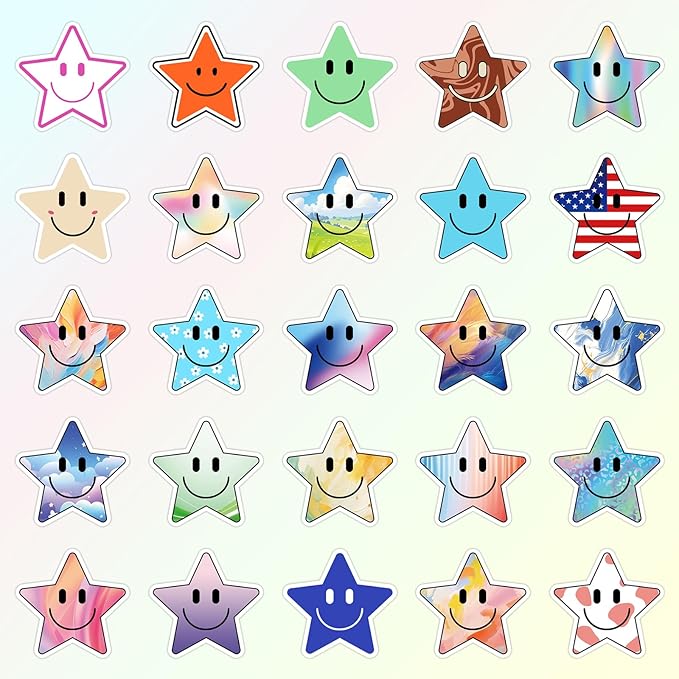 wercokt 50pcs smiling star stickers, cute water bottle stickers for kids, for teaching rewards, notebooks, stationery, luggage, cartoon pvc happy stickers