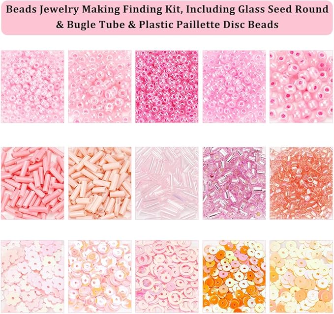NBEADS Bugle Round Glass Seed Beads,DIY Beads Disc Plastic Paillette for Jewelry Making Necklace Bracelet Craft,DIY Kit,Deep Pink,Mixed Size (DIY-NB0008-45-US6)