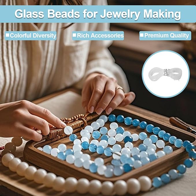 Glass Beads for Jewelry Making 18 Colors, Round Glass Beads Including 2-8mm Bead spacers, Blue Round Beads for DIY Jewelry Making Supplies for Adults, Bracelet Necklace Earring Making kit