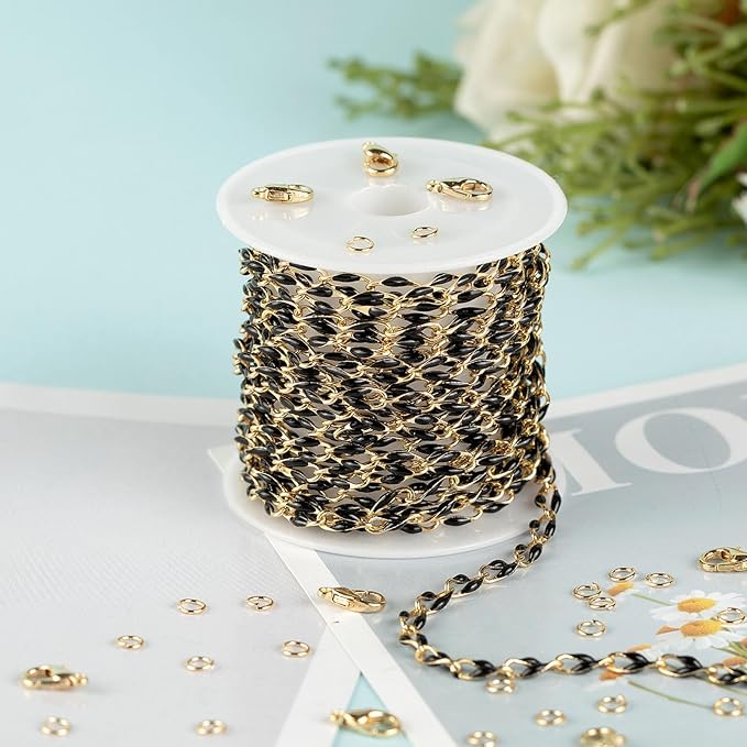 13 Feet/4M Gold Plated Brass Jewelry Making Chain Spool Black Oil Drip Enamel Chain Necklace Large Lip Chain with Lobster Clasps Jump Rings for DIY Craft Supply Jewelry Findings