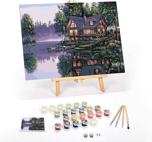 Ledgebay DIY Paint by Numbers Kit for Adults Framed Canvas Beginner to Advanced Paint by Numbers Kit Kits Include Acrylic Paint Set Brushes Tabletop Easel (Cabin Fever 12" x 16" Framed)