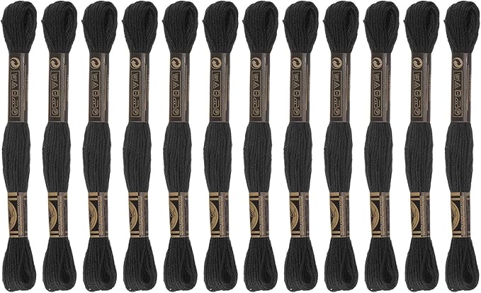 HARFINGTON 12 Skeins Embroidery Floss 8m Each Egyptian Long Fiber Cotton Cross Stitch Thread 26S/2x6 for Embroidery Projects Bracelet, Black