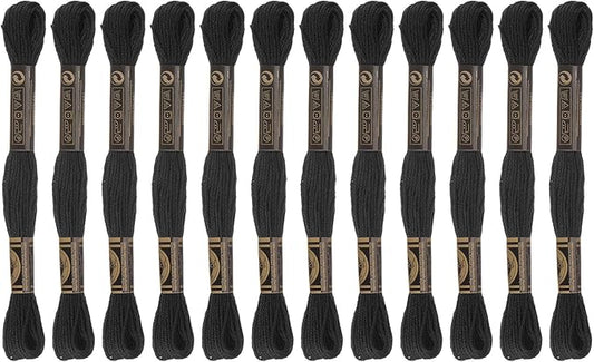 HARFINGTON 12 Skeins Embroidery Floss 8m Each Egyptian Long Fiber Cotton Cross Stitch Thread 26S/2x6 for Embroidery Projects Bracelet, Black