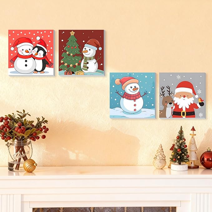 DOMROM 4 Pack Framed Paint by Numbers Penguin for Kids Beginners, Adult Paint by Number Kits Santa on Canvas, Acrylic Number Painting Christmas Craft Kits for Gift Home Decor 8x8in