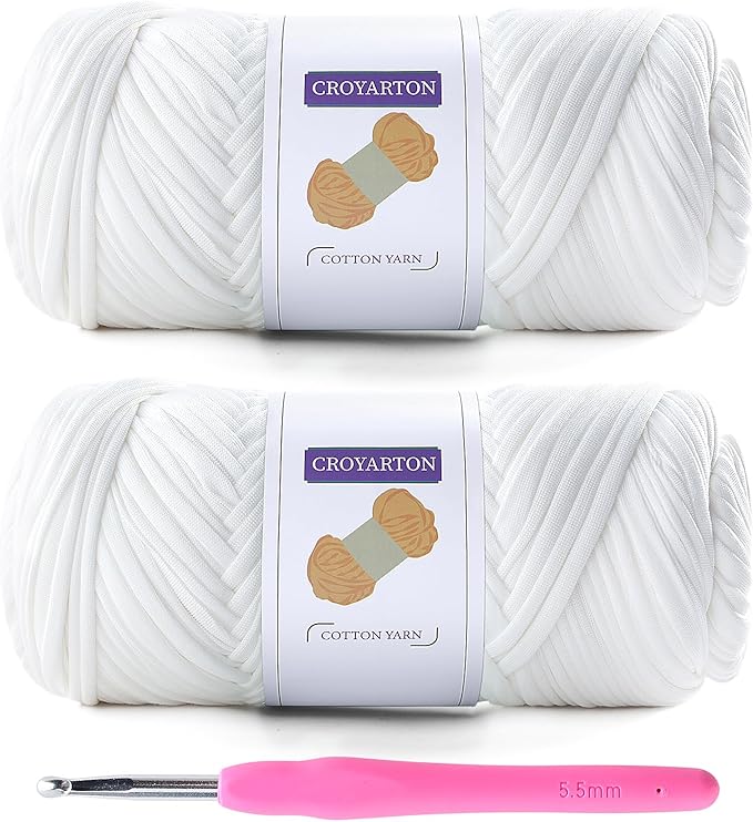 2 Pack T Shirt Yarn for Crocheting with 1 Crochet Hook, Elastic Tshirt Yarn for Crochet Bag/Baskets/Home Decor, Spaghetti Yarn Thick Knitting Yarn Total Length 130 Yds, Weight 14 Oz (White)