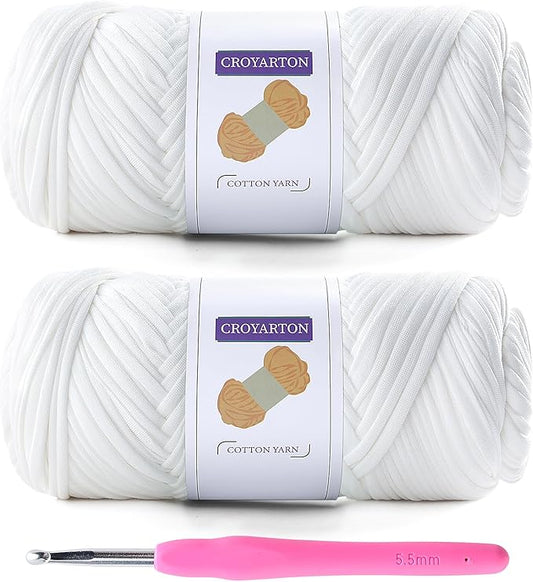 2 Pack T Shirt Yarn for Crocheting with 1 Crochet Hook, Elastic Tshirt Yarn for Crochet Bag/Baskets/Home Decor, Spaghetti Yarn Thick Knitting Yarn Total Length 130 Yds, Weight 14 Oz (White)