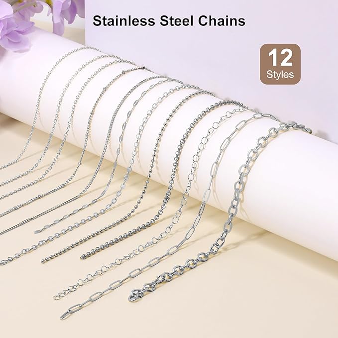PP OPOUNT Silver Necklace Chains for Jewelry Making, 94.8 Feet 12 Rolls Stainless Steel Chain for Jewelry Making DIY Necklace Bracelet Belt Earrings with Open Jump Rings & Lobster Clasps