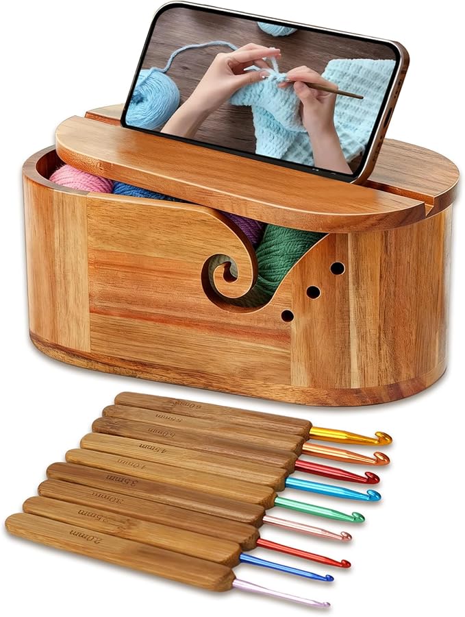 Large Oval Yarn Bowl, Crochet Bowl with 9 Crochet Hooks, Yarn Bowls for Crocheting, Gifts for People Who Love to Crochet, Acacia Wood, 11.4 x 5.9 x 5 Inch, A Gift from Nature
