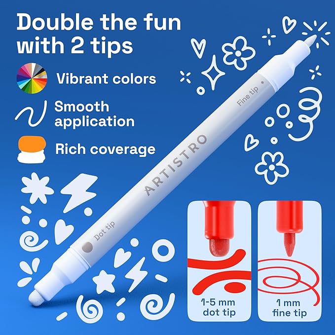 ARTISTRO 24 Acrylic Paint Markers for Rock, Fabric, Wood, Glass, Eggs - Dual-Tip Paint Pens for Coloring Books for Adults, Teens, Kids - Art & Craft Supplies - Gift Idea - Easter Basket Stuffers