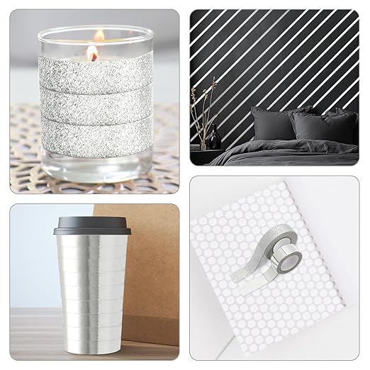 Whaline 4 Rolls Silver Metallic Glitter Washi Tape Decorative Adhesive Masking Tape for DIY Crafts Scrapbook Journal Planner Gift Wrapping Supplies, 65.6 Ft