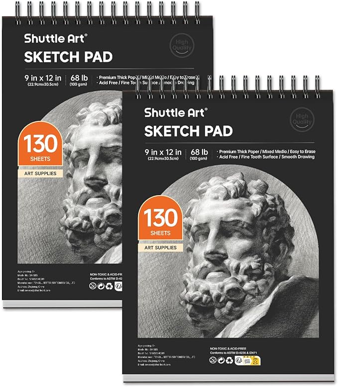 shuttle art 9”x12” sketch pad, 260 sheets (68lb/100gsm) drawing pad, pack of 2, 130 sheets each, spiral bound sketch book, durable acid-free drawing paper, great sketch pad for kids, teens & adults