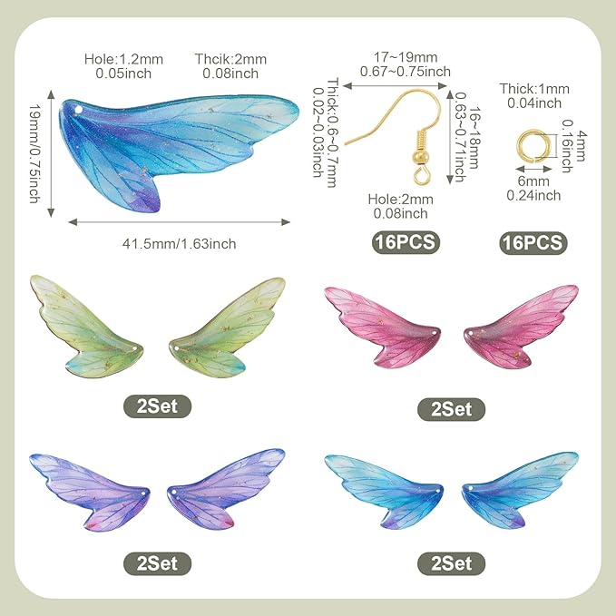 FASHEWELRY 16Pcs Resin Butterfly Wing Charms Colorful Feather Earring Charms Transparent Insect Wings Pendants with Jump Rings Earrings Hooks for DIY Earring Jewelry Making Kits