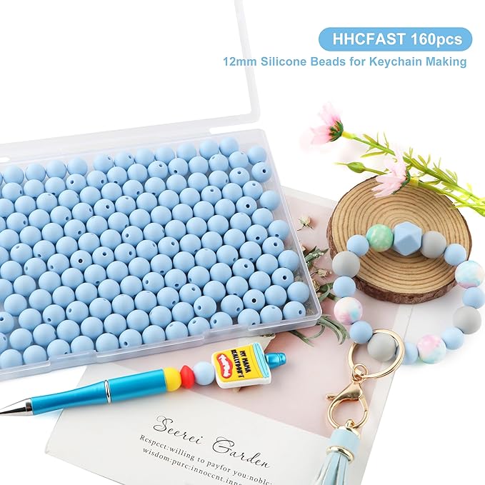 160Pcs 12mm Silicone Beads for Keychain Making Bracelet Necklace, Bulk Round Silicone Beads for Pens（Pastel Blue）