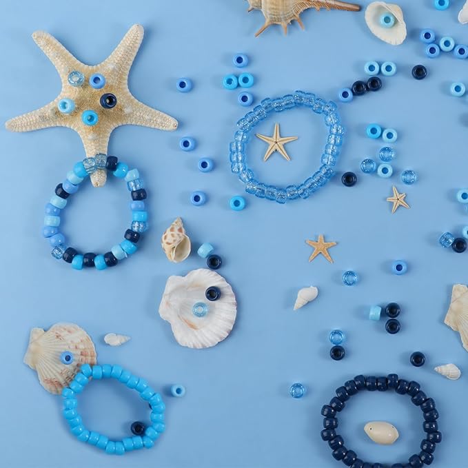 1200Pcs 6x9mm Pony Beads for Bracelets Making Kit, 5 Style Blue Colors Kandi Beads Bulk for Friendship Bracelet Kit, Hair Bead for Braids with Stretch Cord and Scissors