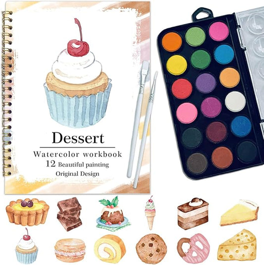 Watercolor Workbook, Water Coloring Book, 12 Different Patterns of Original DIY Designs, 18 Colors Watercolor Paint Set, Beginner-Friendly Watercolor Workbooks (Dessert), Perfect Gifts for Adults
