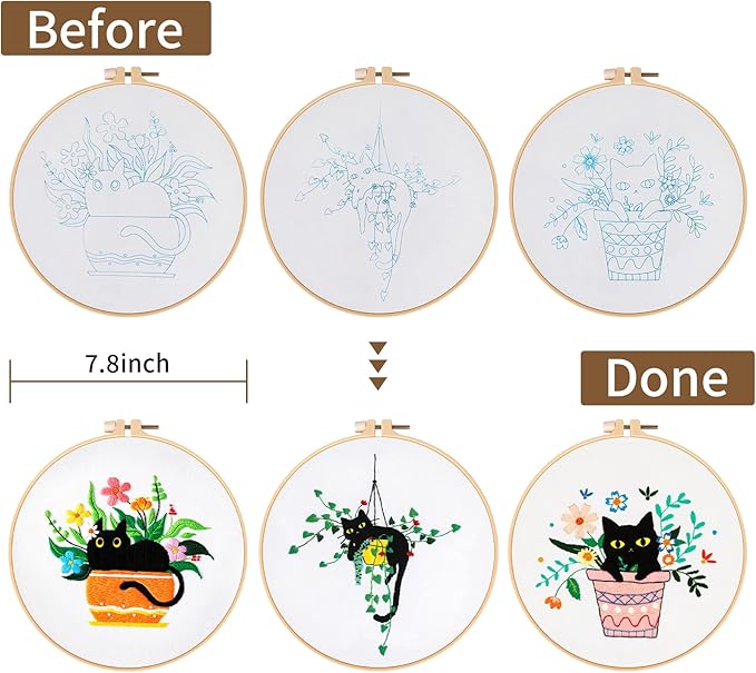Nuberlic 3 Sets Cute Cat Embroidery Kit for Adults Beginners, Stamped Cross Stitch Starter Kits Include Needlepoint Cloth Hoops Needles Threads and Instruction