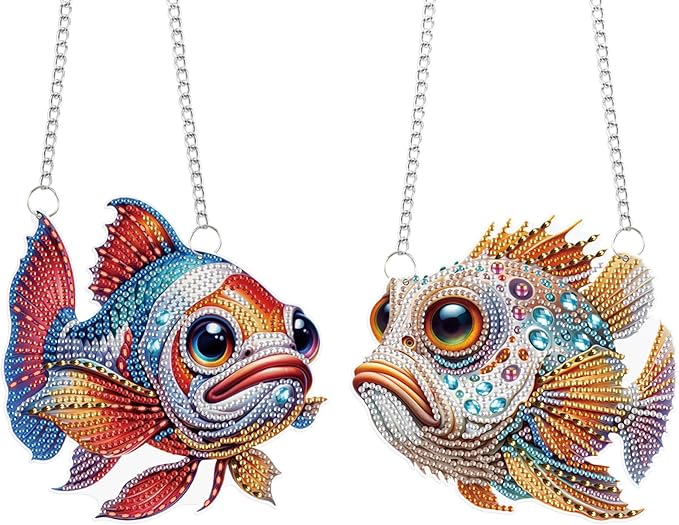 LazyFold 2PCS Diamond Art Hanging Pendant Kits for Adults, Colorful Fish DIY 5D Special Shape Diamond Art Painting Pendant Kits,Gem Art Suncatchers Painting Ornament for Home Garden Wall Decor Gift