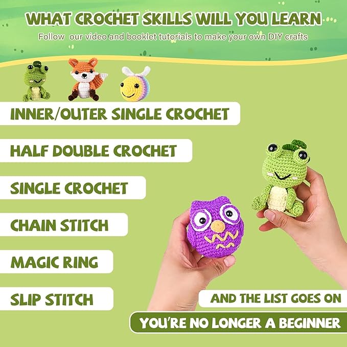 JackCao 6 Pack Crochet Kit for Beginners, 2026 DIY Craft for Adults, Crochet Animal Plush Kit with Step-by-Step Video Guides Tutorials Birthday Gift for Beginner Crochet Lovers ﻿ (Green)