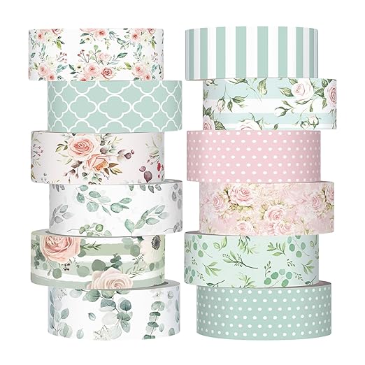 12 Rolls Watercolor Floral Washi Tape Set 15 mm Vintage Flower Decorative Masking Tape for Spring Arts DIY Craft Scrapbook Journal Supplies Gift Wrapping(Pink and Green,Spring)