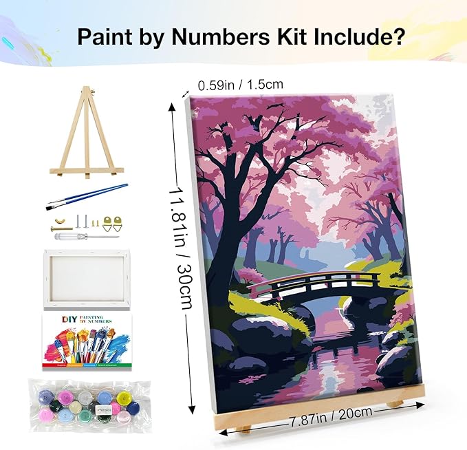 JOOZ Paint by Numbers Kit for Adults with Frame Cherry Blossom Adult Paint by Number Kits Framed Canvas Bridge Paint by Number with Easel DIY Oil Painting by Number for Gift Home Wall Decor 8x12 Inch