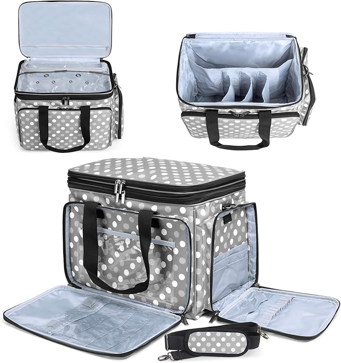 LUXJA Knitting Bag, Yarn Bag with Cover and Shoulder Strap, Yarn Tote Bag for Carrying Projects, Knitting Needles (up to 14”), Circular Needles, Crochet Hooks and Other Accessories, Gray Dots