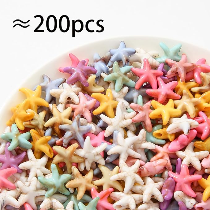200pcs Acrylic Starfish Beads Ocean Sea Theme Turtle Charms Summer Hawaii Beaded for Jewelry Making Beading Kit Bracelets DIY Supplies (Color Starfish)