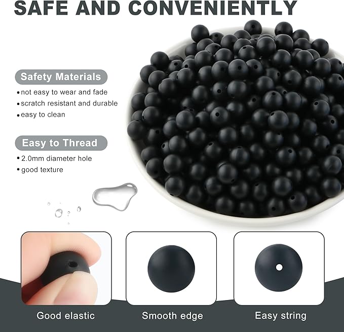 160Pcs 12mm Silicone Beads for Keychain Making Bracelet Necklace, Bulk Round Silicone Beads for Pens（Black）