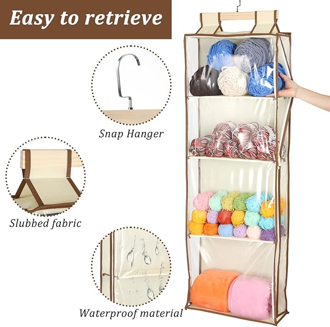 Clear Hanging Yarn Storage with 4 Large Pockets, 48"x17" Clear Knitting Organizer Storage with Zippers for Crochet Lovers, Hanging Yarn Holder with Over-Door Hooks for Knitting Needles Crochet Hooks