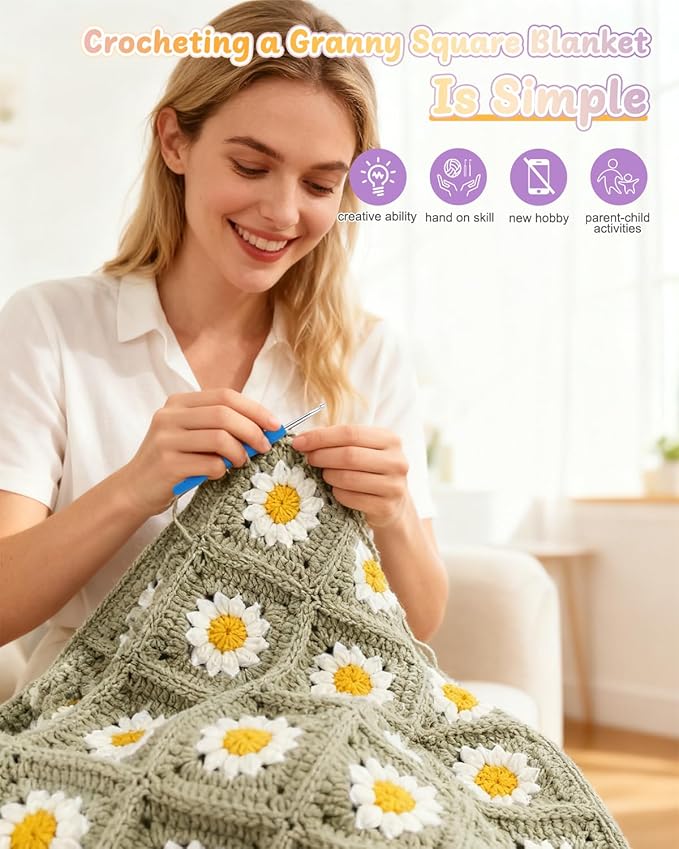 Coopay Crochet Blanket Kit for Beginners, All-in-One Granny Square Blanket Kit with Step-by-Step Video & Enough Yarns - Master Granny Square Crocheting Easily, Ideal Gift for Craft Lovers (Camel)