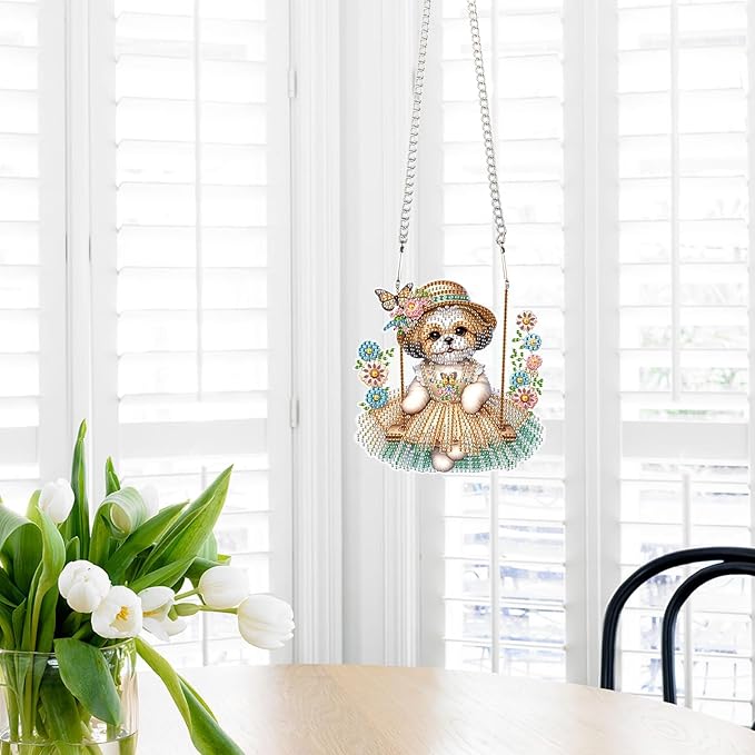 Tontut 5D DIY Diamond Art Painting Pendant kit, Swing Skirt Puppy Special Shape Hanging Crystal Window Pendant kit, Adult Gift Home Curtains, Yard Entrance Decoration