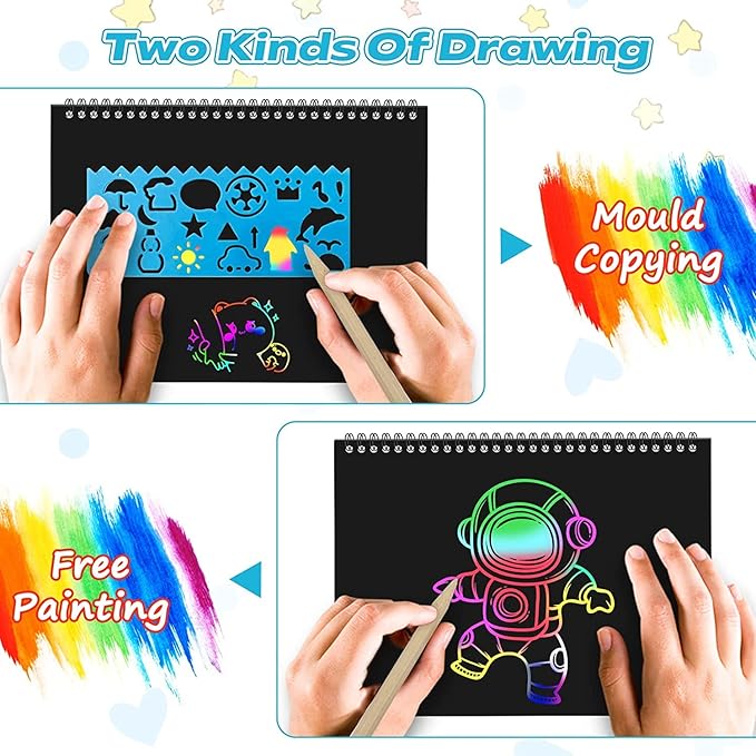 smasiagon valentines gifts for kids - scratch paper art set: 2 pack notebooks arts supplies and crafts for kids ages 3 4 5 6 7 8 9 10 girls boys toys easter basket stuffers birthday party favor games