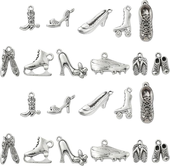DanLingJewelry 120Pcs 12 Styles Tibetan Style High Heel Shoe Charms Boot Ballet Sneaker Shoes Charms for Jewelry Making Crafting