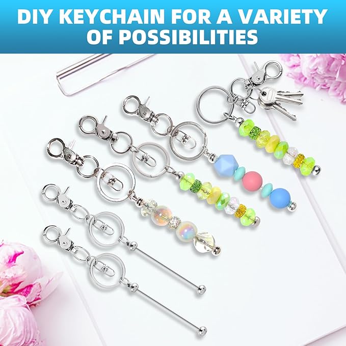 40 Pcs Beadable Keychains Bulk Kit – DIY Keychain Making Supplies with Metal Blanks for Crafts, Jewelry, Charms, Custom Projects – Blank Chain Bars for Beaded Keychain Design (Silver)