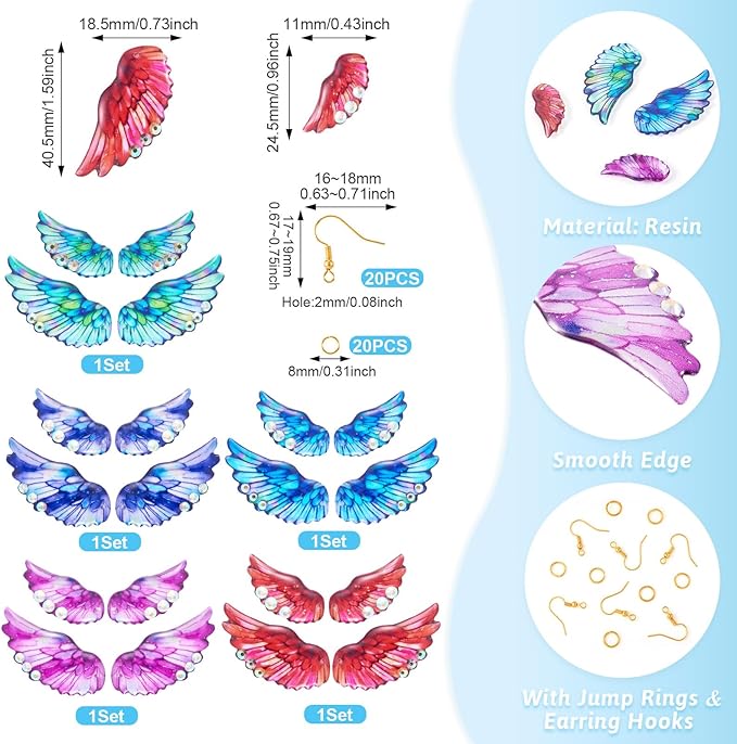 FASHEWELRY 20Pcs Resin Angel Wing Charms for Jewelry Making, Bright Color Fairy Wing Earring Charms Colorful Feather Pendant Earrings Making Kit Earring Hook Jump Rings