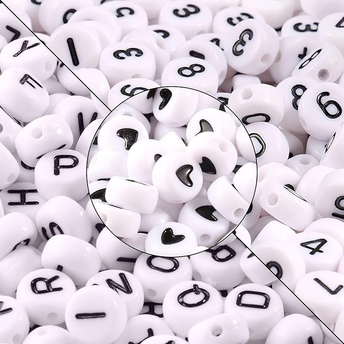 Yochus 1000pcs White Mixed Round Acrylic Beads 4x7mm Black Alphabet Number Heart Shape Bead for Jewelry Making and DIY Bracelets
