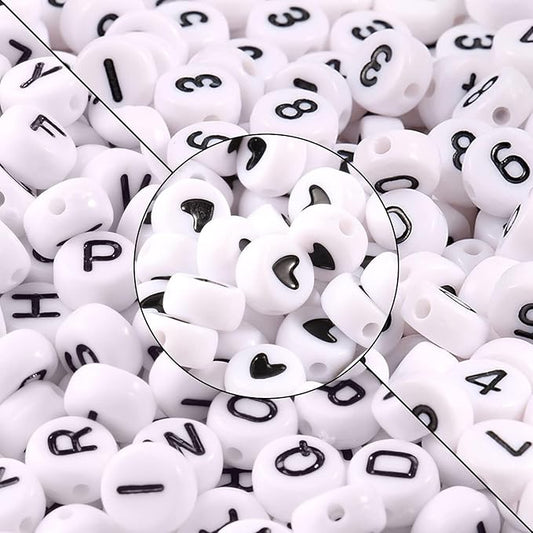 Yochus 1000pcs White Mixed Round Acrylic Beads 4x7mm Black Alphabet Number Heart Shape Bead for Jewelry Making and DIY Bracelets