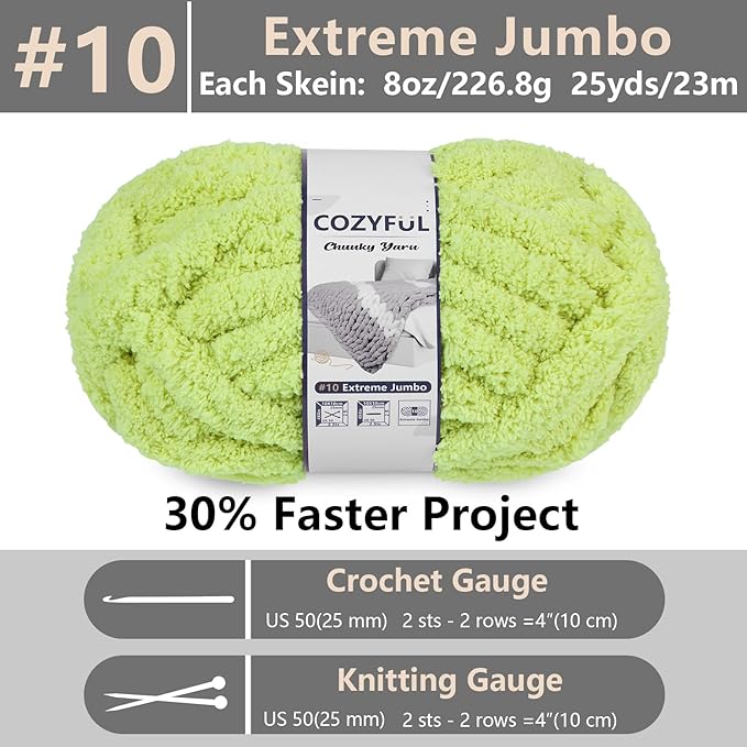 Chunky Yarn for Hand Knitting - #10 Chunky Chenille Yarn, Jumbo Big Thick Chunky Yarns for Crocheting, Super Bulky Chunky Knit Blanket Yarns, 8 Skein (25 yds 8 oz Each Skein), Lemon Lime