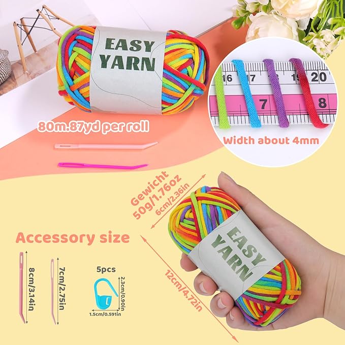 1.76Oz/87.5Yds Rainbow Beginner Crochet Yarn, Yarn for Crocheting and Knitting, Cotton-Nylon Blend Yarns with Easy-to-See Stitches, Rainbow Color, Blend Crochet Kit Making